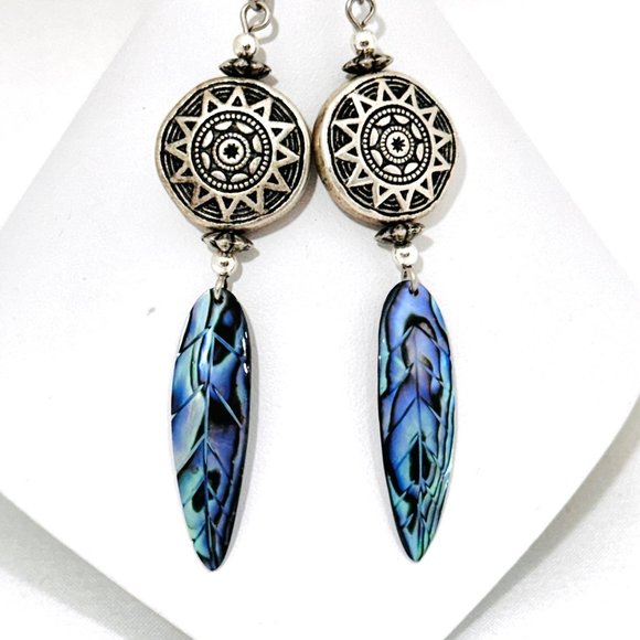 Silver Tone Earrings with Blue Paua Shell Drop - Picture 1 of 5